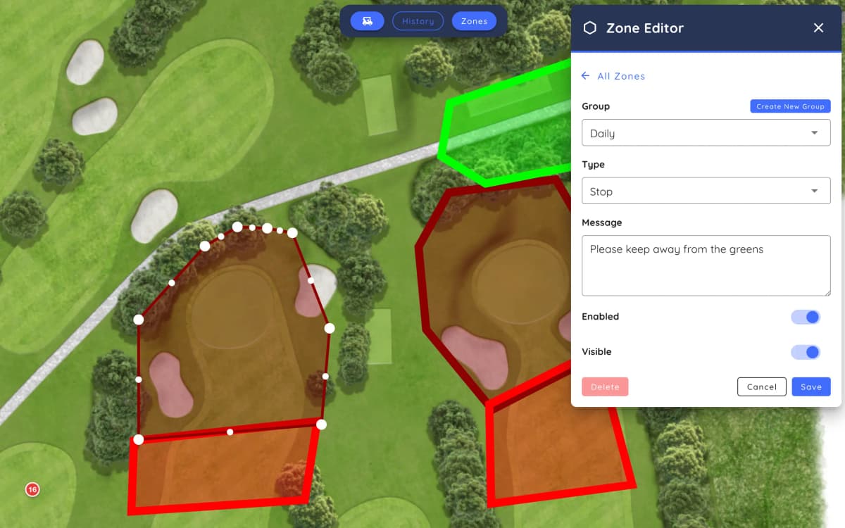 IOTee Geofence Editor — rita och hantera skyddade zoner på golfbanan